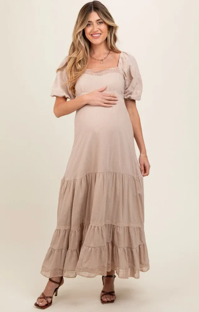 Beige Lace Insert Maternity Maxi Dress