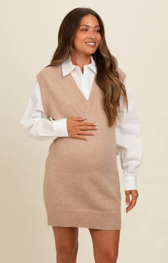 Beige Layered Sweater Shirt Maternity Mini Dress