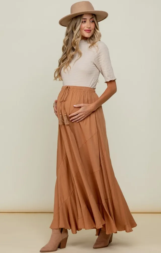 Beige Lettuce Trim Mock Neck Maternity Top