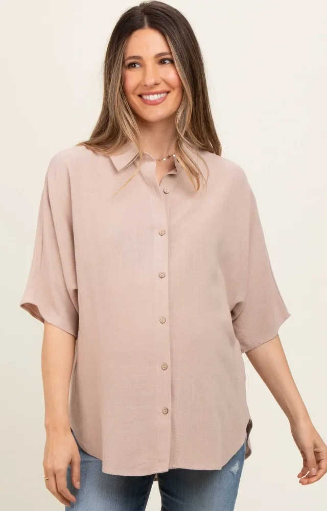 Beige Linen Dolman Half Sleeve Button Down Maternity Top