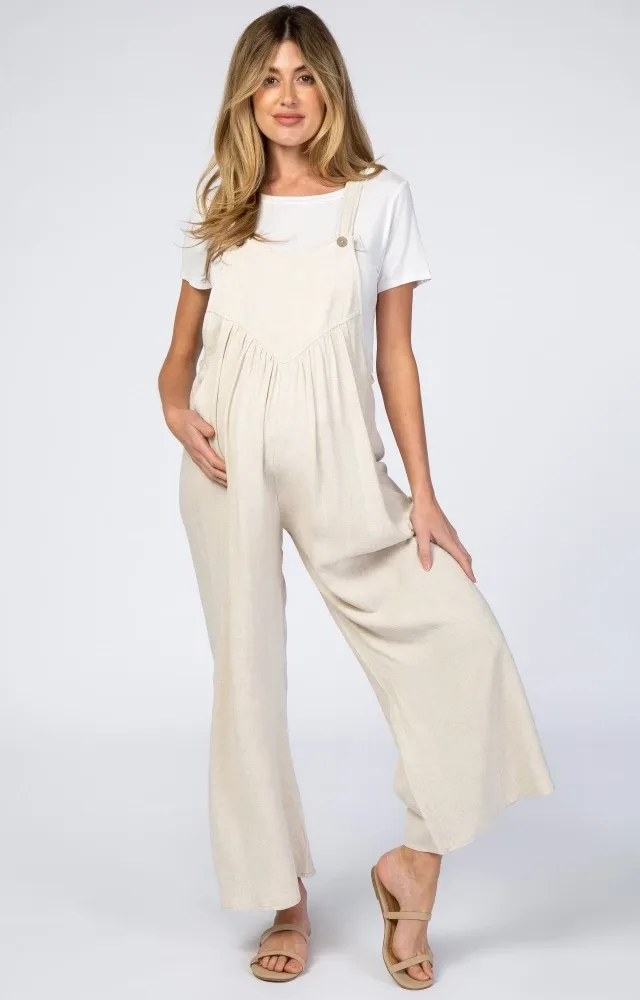 Beige Linen Maternity Overalls