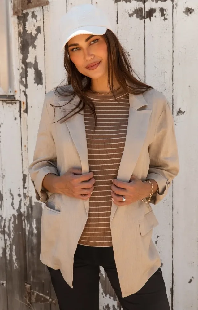 Beige Linen Rolled Cuff Maternity Blazer