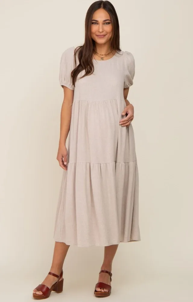 Beige Linen Short Sleeve Tiered Back Tie Maternity Midi Dress