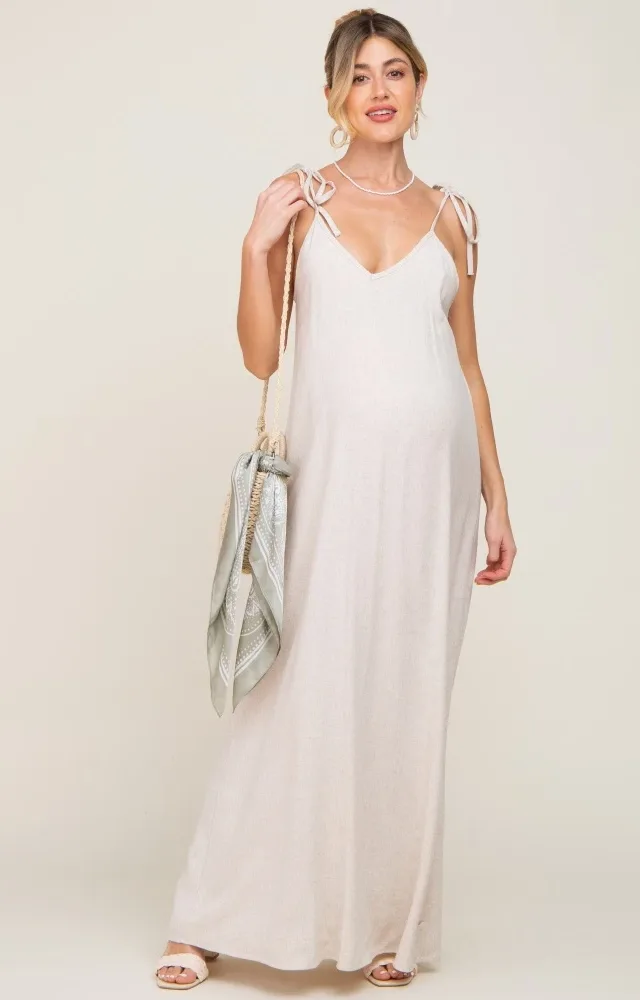 Beige Linen V-Neck Tie Strap Maternity Maxi Dress