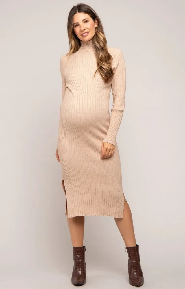 Beige Long Sleeve Turtleneck Maternity Sweater Dress