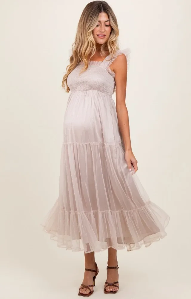 Beige Mesh Overlay Smocked Maternity Midi Dress