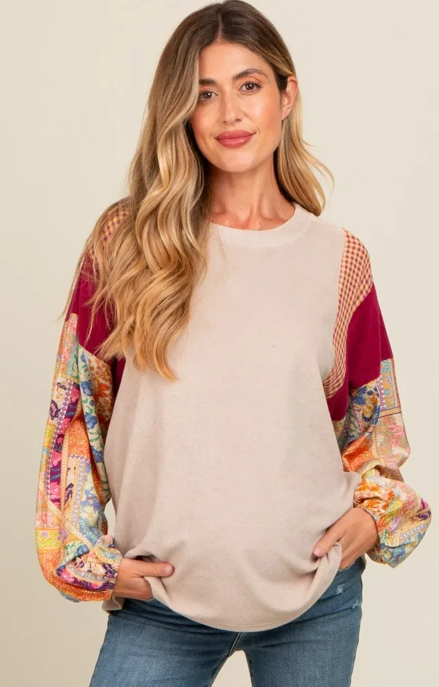 Beige Mixed Print Bubble Sleeve Maternity Top