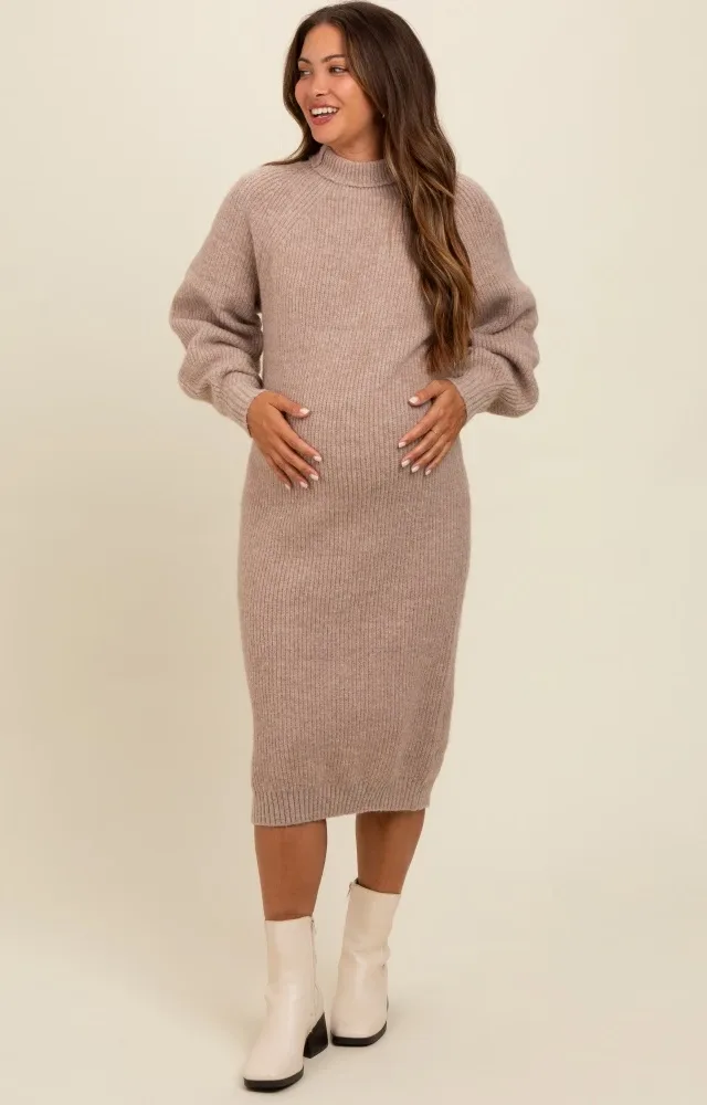 Beige Mock Neck Bubble Sleeve Maternity Midi Sweater Dress