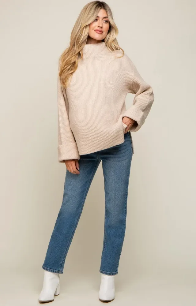 Beige Mock Neck Chunky Knit Maternity Sweater