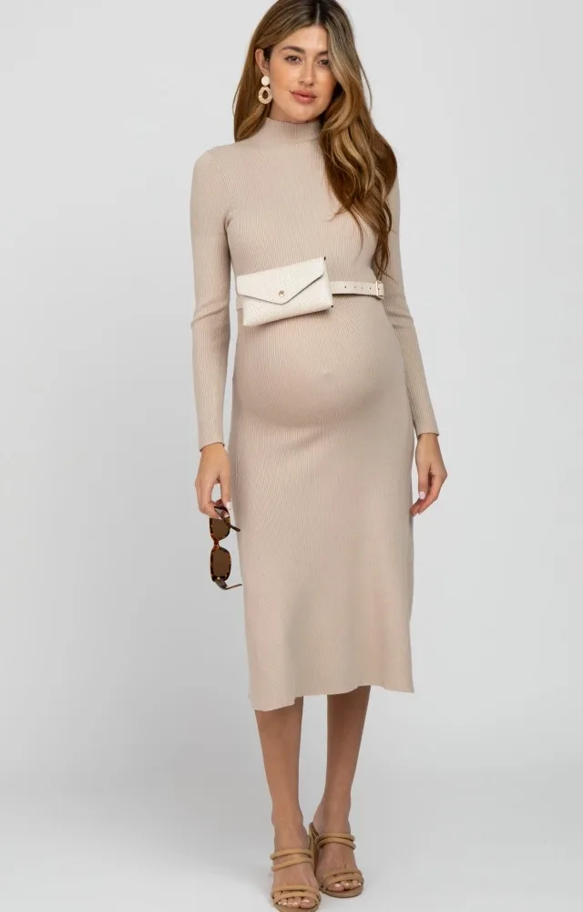 Beige Mock Neck Flared Maternity Midi Dress