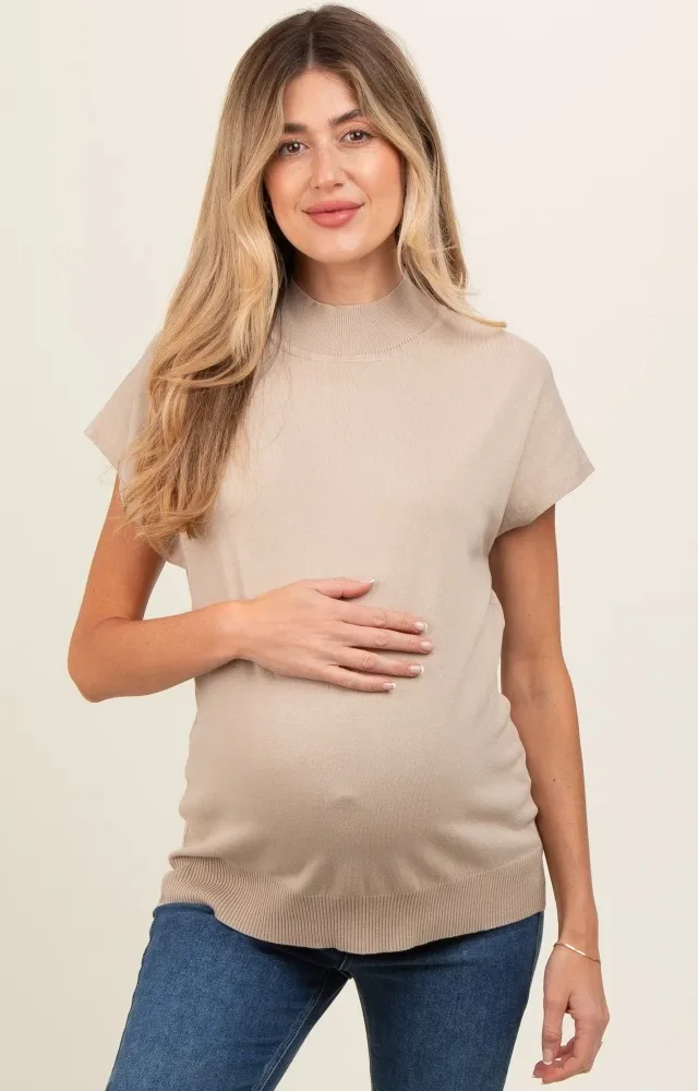 Beige Mock Neck Knit Maternity Top