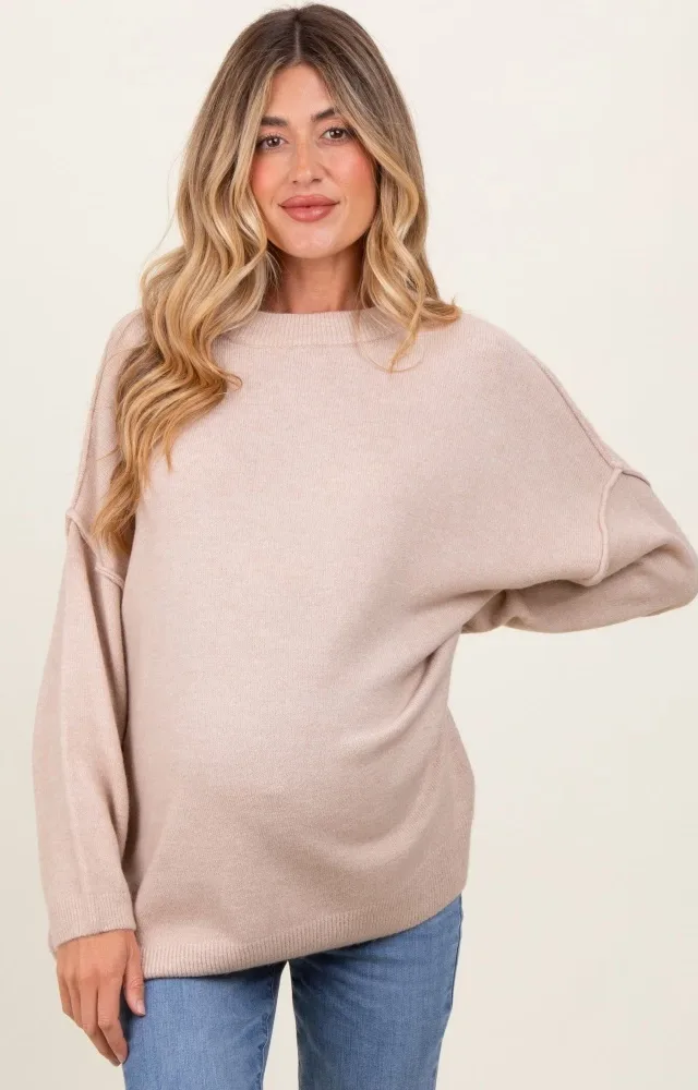 Beige Oversized Crewneck Melange Knit Maternity Sweater