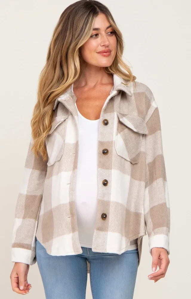 Beige Plaid Knit Maternity Shirt Jacket