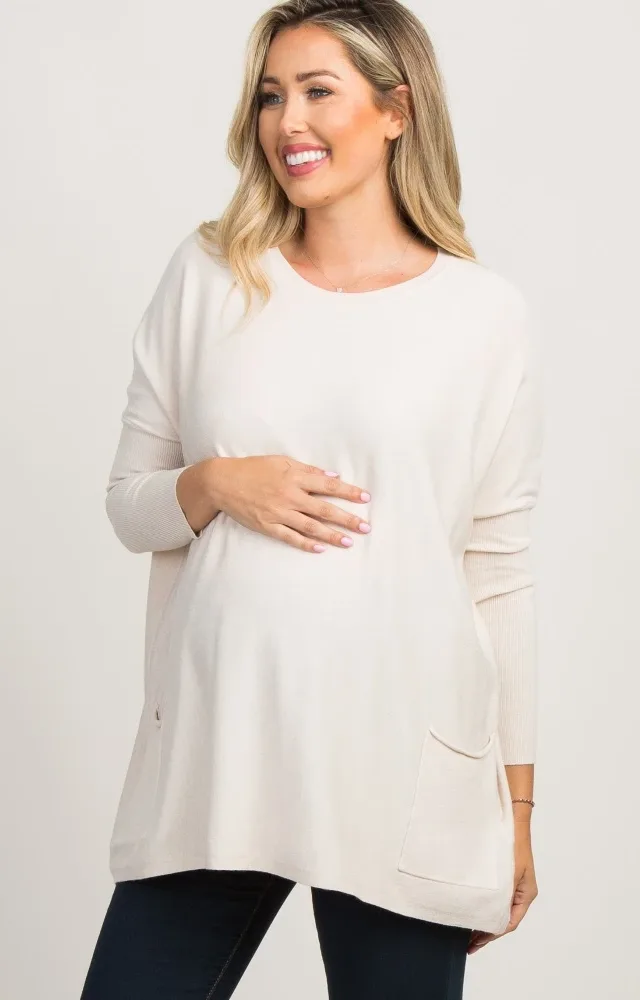 Beige Pocketed Dolman Maternity Top