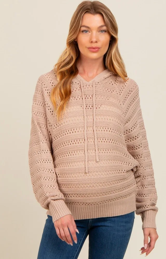 Beige Pointelle Knit Maternity Sweater