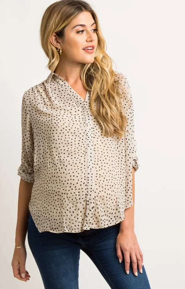 Beige Polka Dot Maternity Blouse