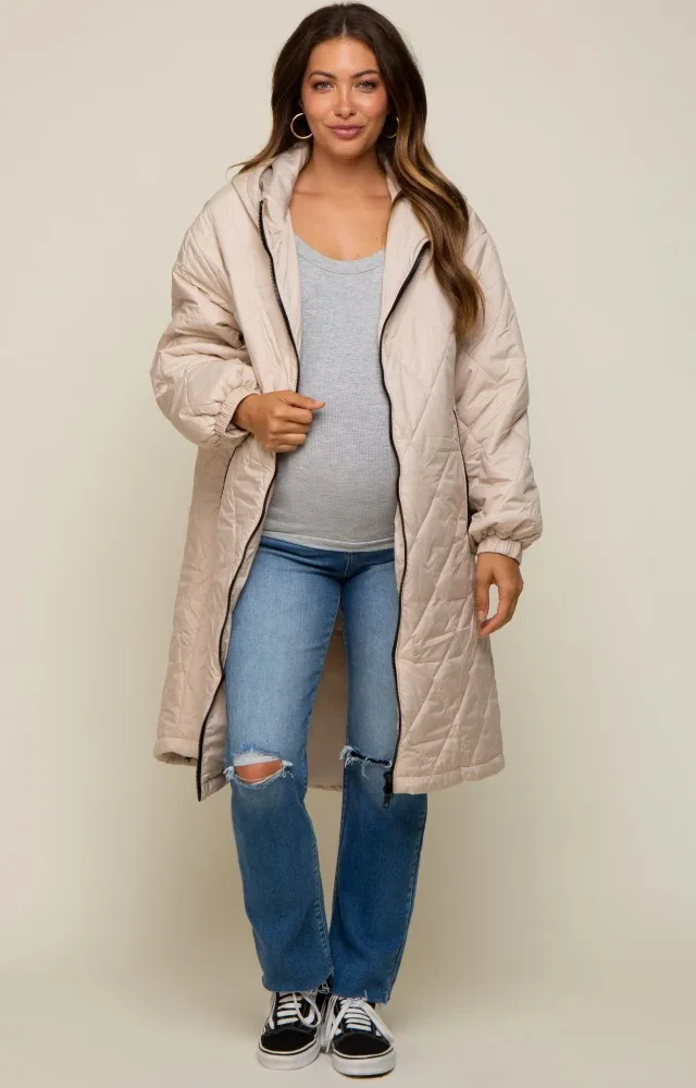 Beige Quilted Long Maternity Puffer Jacket