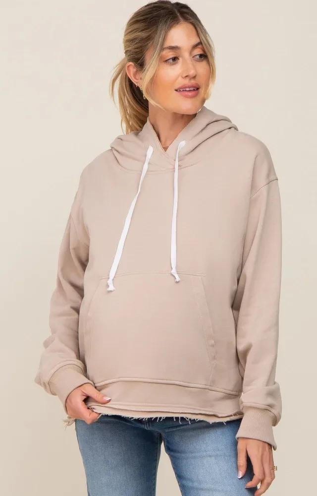 Beige Raw Edge Trim Maternity Drawstring Hoodie