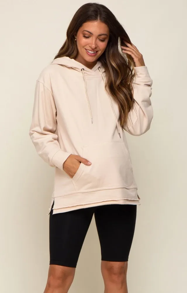 Beige Raw Hem Maternity Hooded Sweatshirt