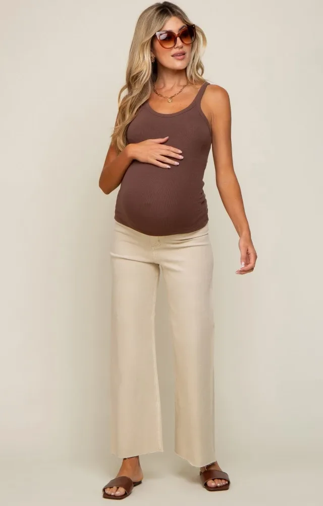 Beige Raw Hem Wide Leg Maternity Jeans