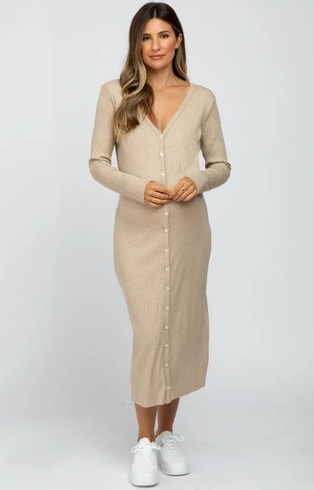 Beige Ribbed Button Midi Cardigan Maternity Dress