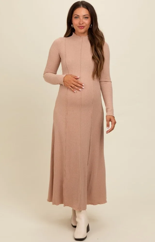 Beige Ribbed Exposed Seam Mock Neck Maternity Dress