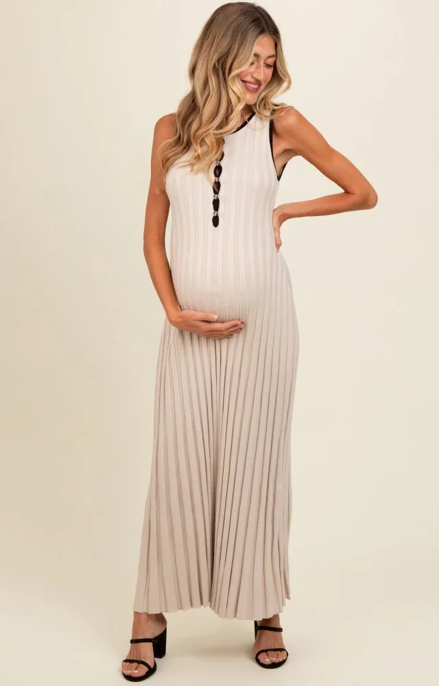 Beige Ribbed Knit Button Detail Sleeveless Maternity Maxi Dress