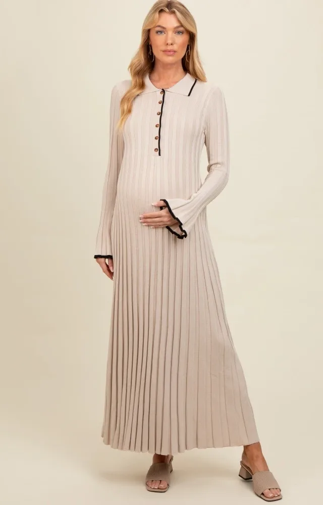 Beige Ribbed Knit Collared Button Up Maternity Maxi Dress