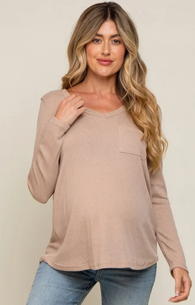 Beige Ribbed Knit Maternity Long Sleeve Top