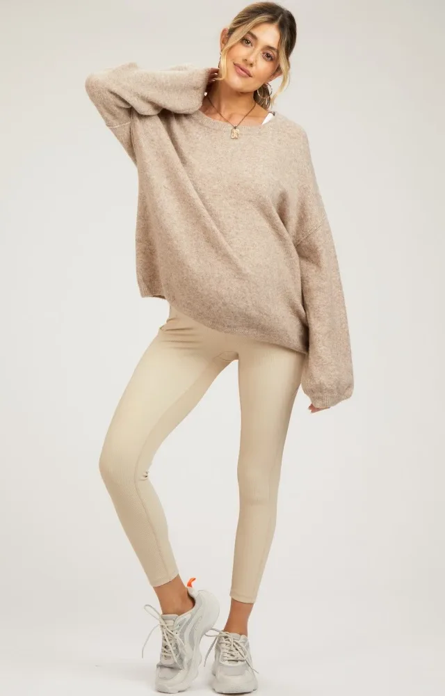 Beige Ribbed Maternity Active Leggings