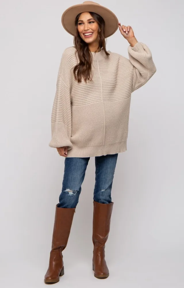 Beige Ribbed Maternity Sweater