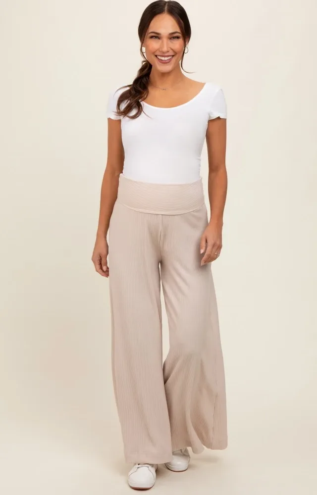 Beige Ribbed Maternity Wide Leg Pants