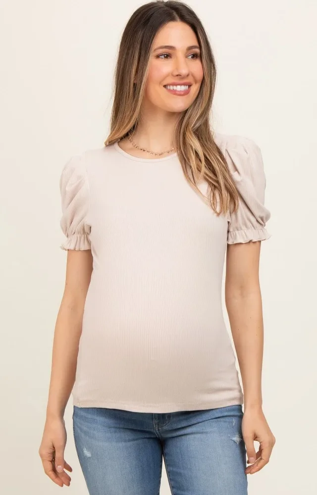 Beige Ribbed Puff Sleeve Maternity Top