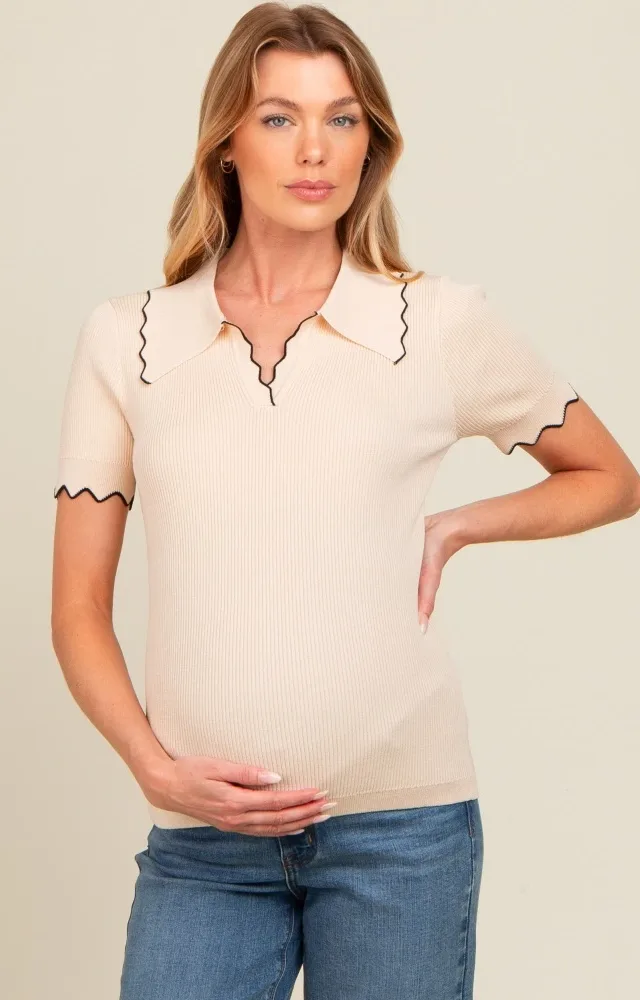 Beige Ribbed Scallop Trim Split V-Neck Short Sleeve Maternity Top