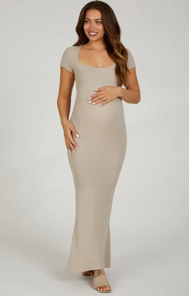 Beige Ribbed Scoop Neck Maternity Maxi Dress