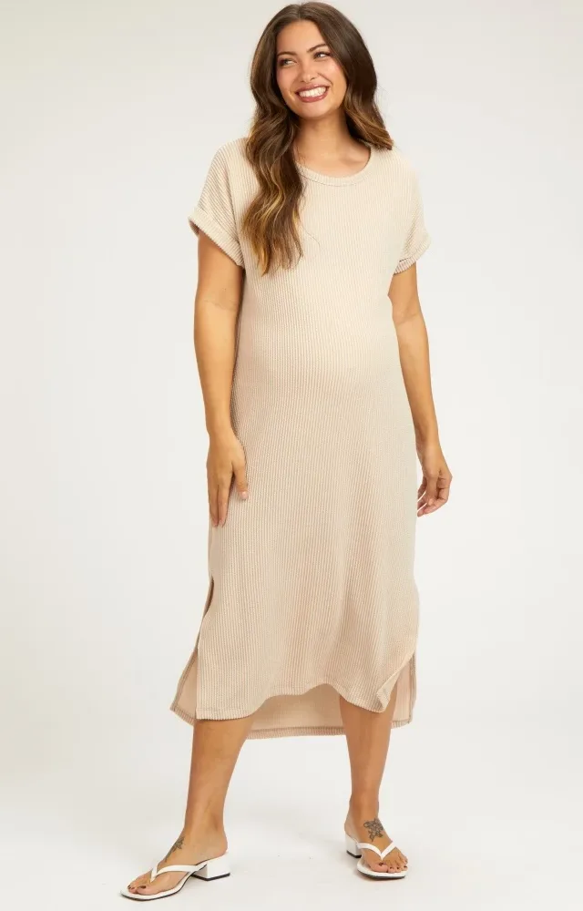 Beige Ribbed Short Sleeve Maternity Midi Dress