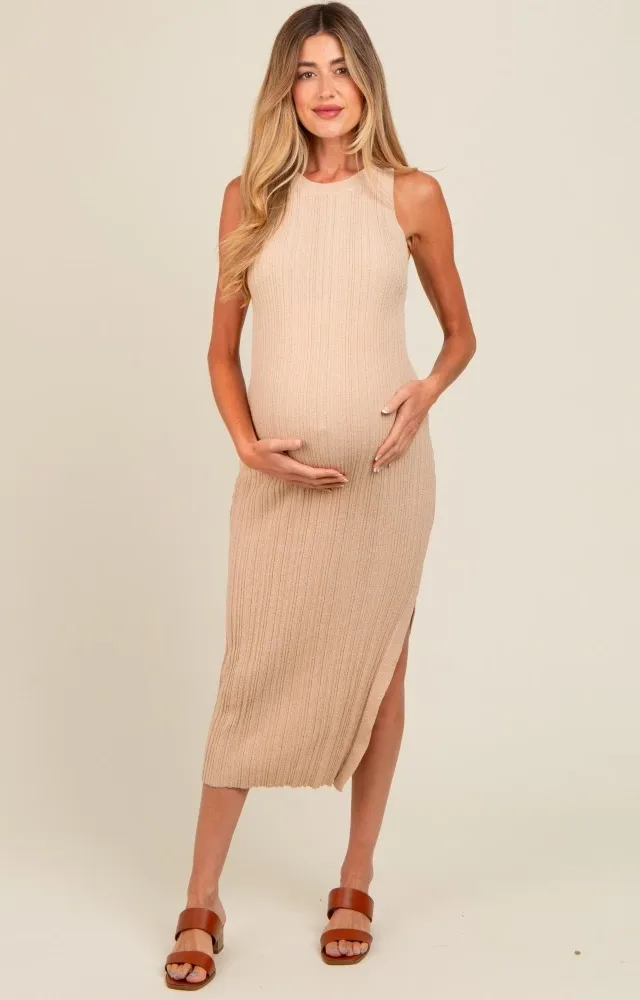 Beige Ribbed Side Slit Sleeveless Maternity Midi Dress