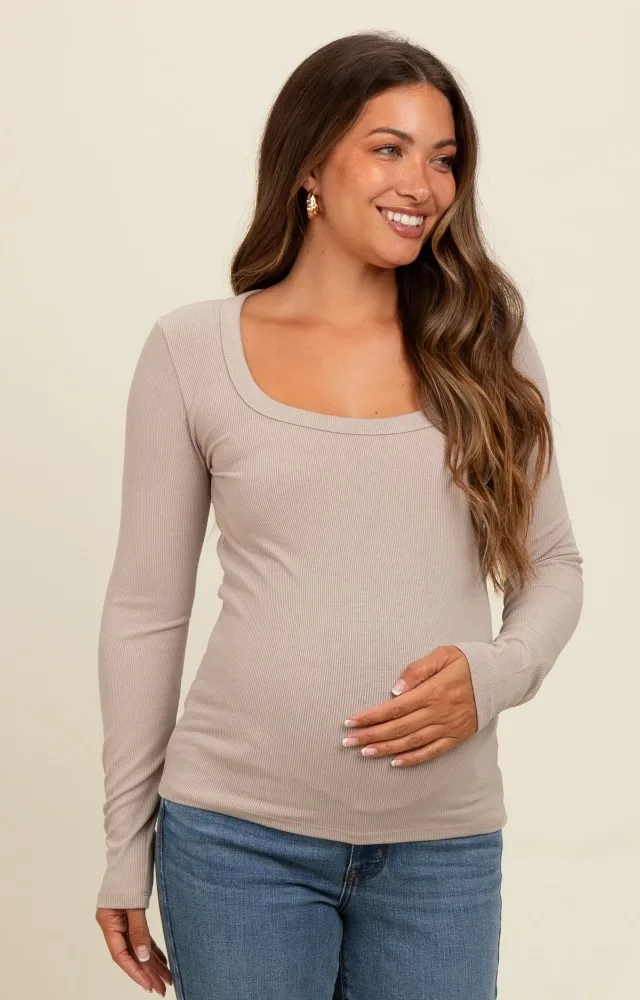 Beige Ribbed Square Neck Long Sleeve Maternity Top