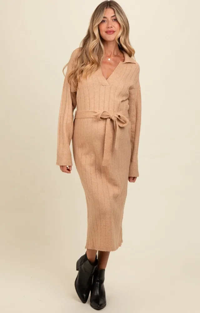 Beige Ribbed Sweater Collared Maternity Midi Dress