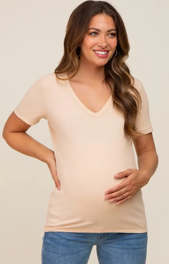 Beige Ribbed V-Neck Maternity Top