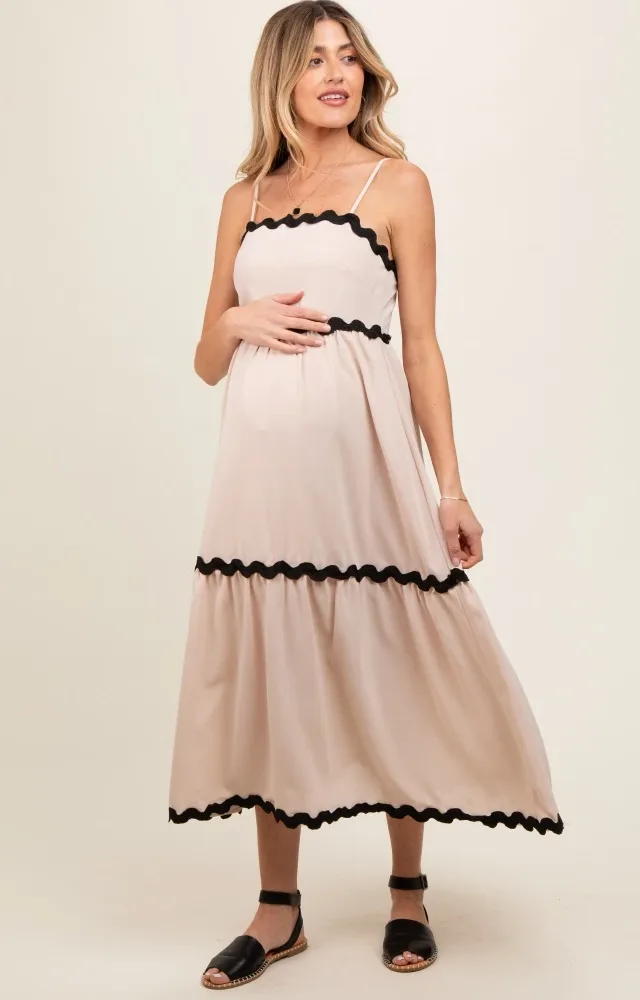 Beige Ric Rac Trim Tiered Maternity Midi Dress