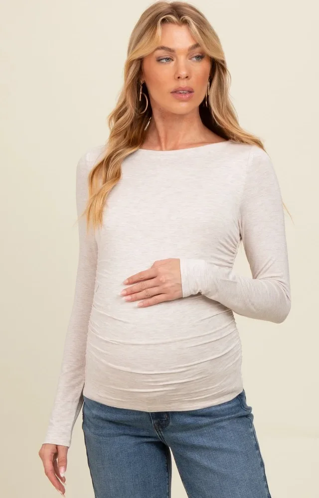 Beige Ruched Long Sleeve Maternity Top