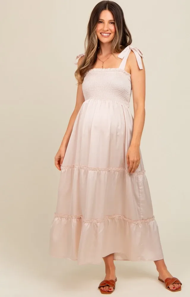 Beige Satin Smocked Maternity Maxi Dress