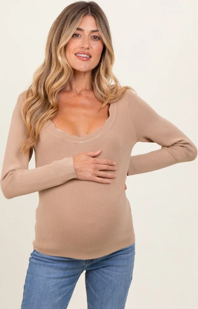 Beige Scallop Hem Square Neck Maternity Sweater