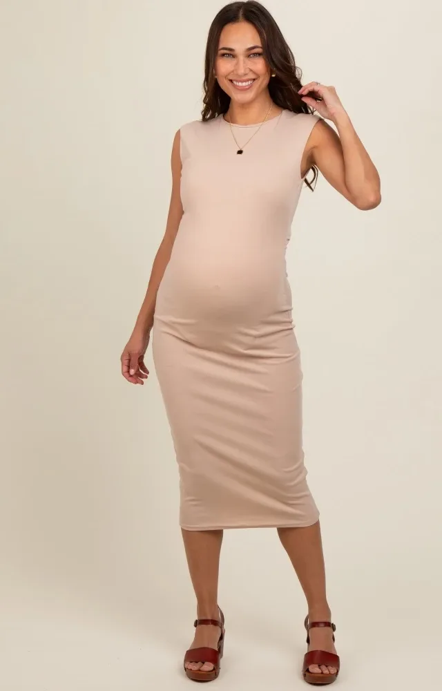 Beige Side Ruched Sleeveless Maternity Midi Dress