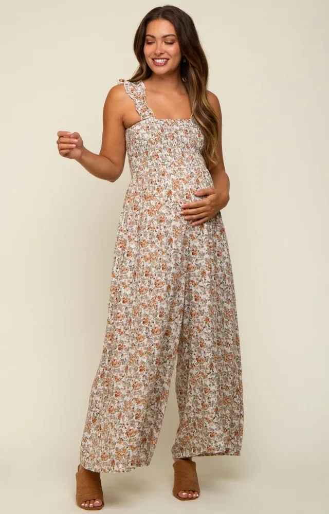 Beige Sleeveless Floral Smocked Ruffle Maternity Jumpsuit