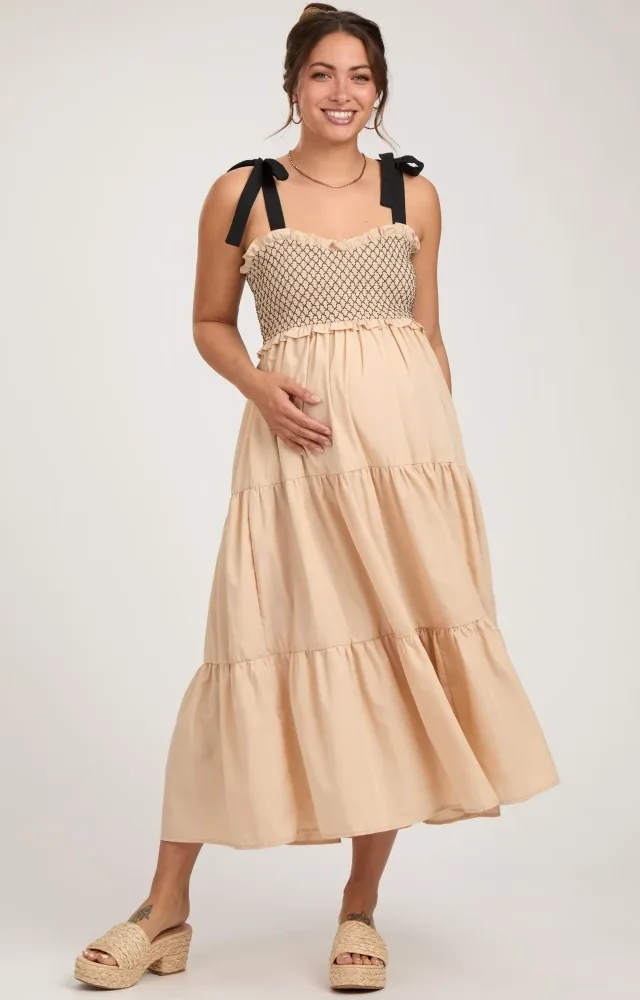 Beige Sleeveless Tiered Colorblock Strap Maternity Maxi Dress