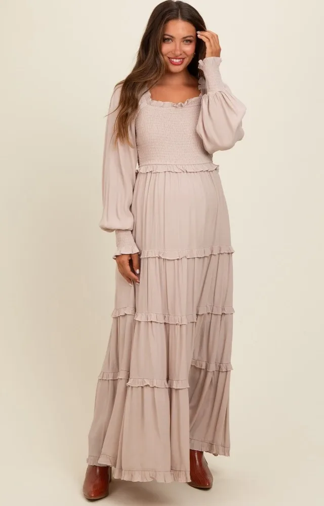 Beige Smocked Long Sleeve Ruffle Tiered Maternity Maxi Dress