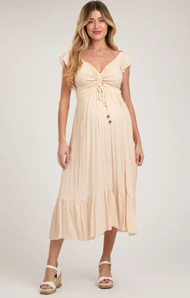 Beige Smocked Ruched Ruffle Hem Maternity Maxi Dress