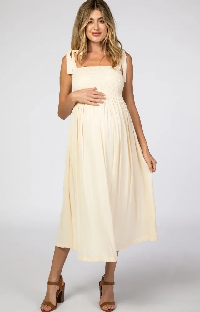 Beige Smocked Tie Strap Maternity Midi Dress